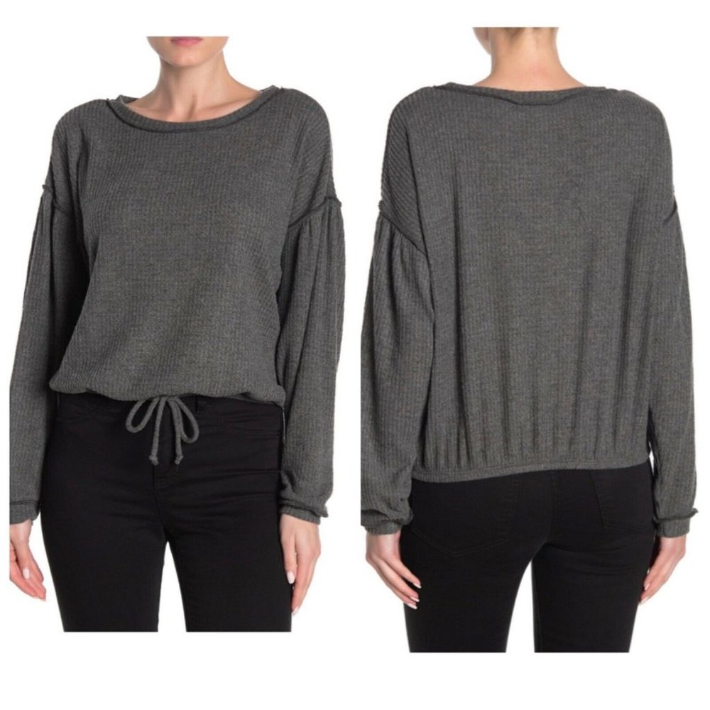 Socialite Charcoal Waffle Knit Hem Tie Sweater